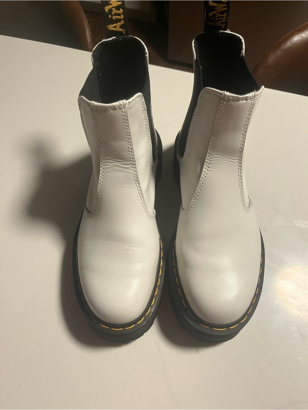 Dr. Martens White Chelsea Boots with Yellow Stitching